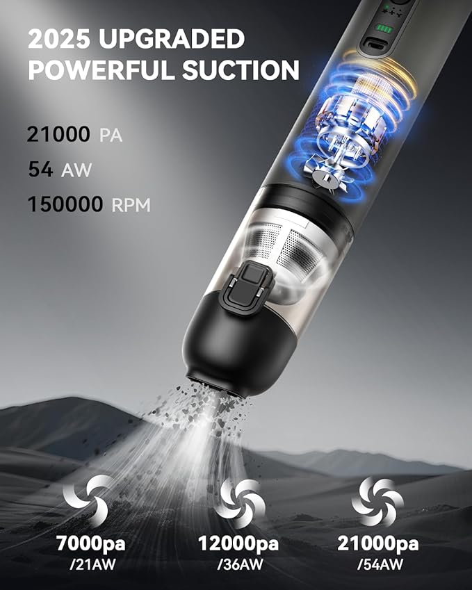 Car Vacuum, Handheld Vacuum Cordless with 21000Pa Powerful Suction & 3 Modes, 4-in-1 Portable Hand Held Mini Vacuum Cleaner Rechargeable, Ultra Light for Car Home Office (Silver)