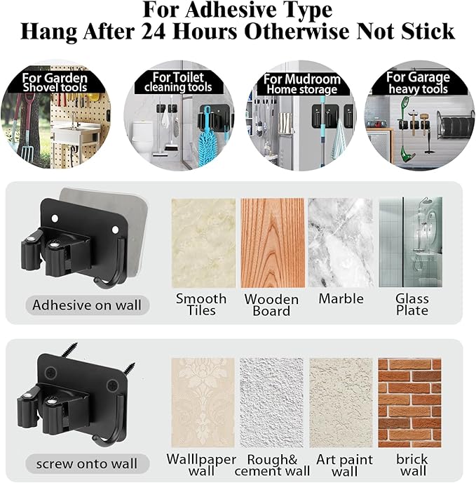 Mop and Broom Holder Wall Mount Stainless Steel 304 Tool Garage Organization Command Rack Screw and Self Adhesive 3m Broom Hanger Heavy Duty 4pcs (4pcs，black), TBJ001