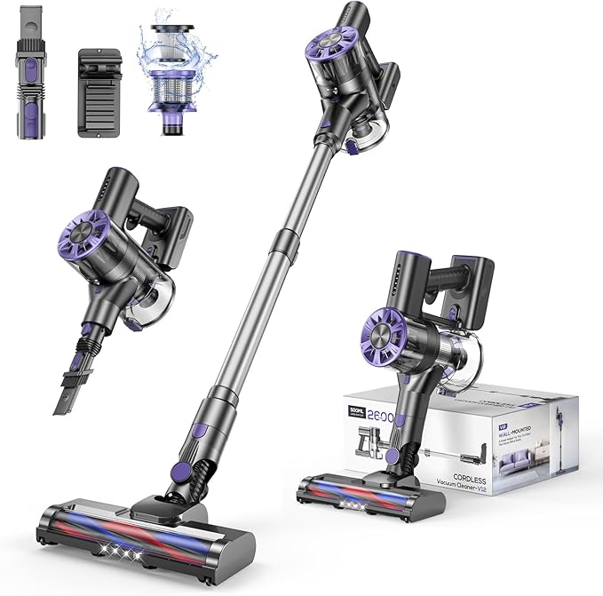 Cordless Vacuum Cleaner for Home, 80,000PRM Powerful 4 in 1 Lightweight Stick Vacuum with 2 Adjustable Suctions, Max 40 Mins Runtime, 2600mAh Rechargeable Vacuum Cleaners (Ink Purple)