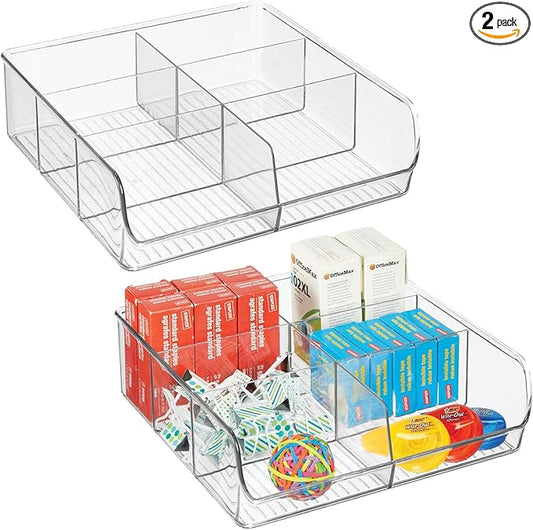 mDesign Plastic Home Office Wide Bin Organizer with 6 Compartments for Cabinets, Closets, Drawers, Desks, Tables, Workspace - Staple, Notepad, Paperclip Holder - Ligne Collection - 2 Pack - Clear