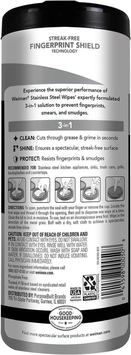 Weiman Stainless Steel Cleaner and Polish Wipes Bundle with Microfiber Cloth-Removes Fingerprints, Water Marks and Grease from Appliances - Works Great on Refrigerators, Ovens, and Grills