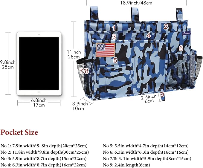 Surblue Bedside Caddy Hanging Organizer Storage Bag Pocket for Bunk, Hospital, College Dorm Rooms, Baby Bed Rails, Camp - 8 Pockets, Large, Ocean