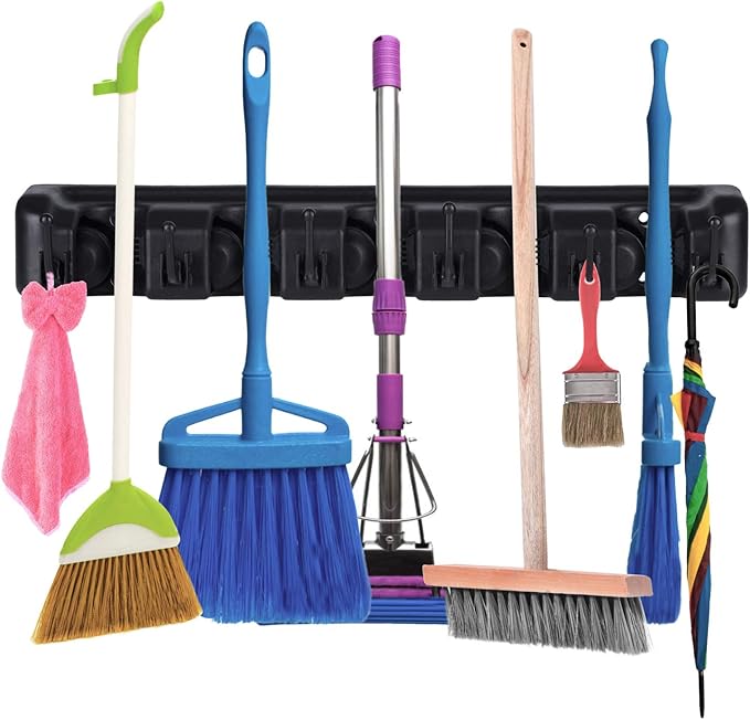 Mop Broom Holder Wall Mounted, Cleaning Tools Rack Hanger with 5 Slots 6 Hooks, Garage Organizer for Closet Kitchen Garden Garage Basement (Black)