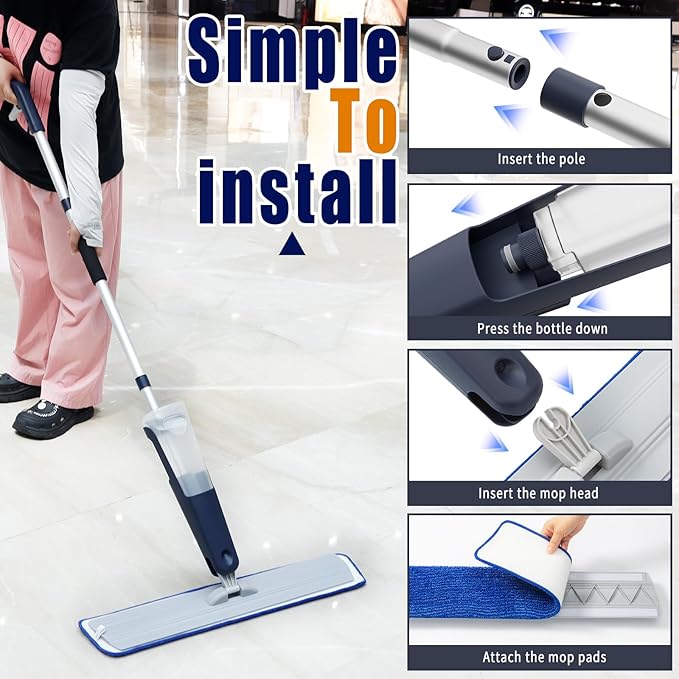 24" Dry mops for Floor Cleaning, 2-Pack Microfiber mop Spray System, Commercial Heavy-Duty Wet mops with 28oz Big Tank, 2 Washable Pads for Lobby, Pool, Factory, Office, Warehouse, Concert, Library