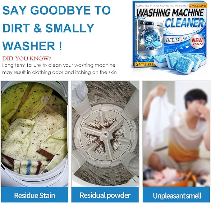 Washing Machine Cleaner Tablets (24 Pack) – Deep Cleaning & Descaling Tablets for HE, Front Load & Top Load Washer, Removes Odor, Residue & Hard Water Buildup (2-Year Supply)