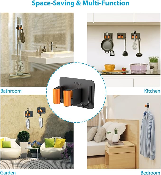 Mop Broom Holder No Drill, Mop Broom Organizer Wall Mounted Heavy Duty with Hooks Hanger, Self Adhesive Stainless Steel 4Pcs for Bathroom, Kitchen, Office (Orange)