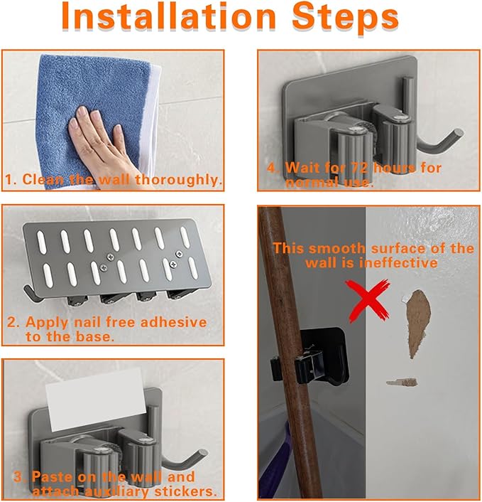 Mop Broom Holder-Self Adhesive Stainless Steel Broom Hanger Organizer for Bathroom, Kitchen, Office，Utility Room，Laundry Room,Home Garden, Garage Storage and Organization Rack(Silver gray-4Psc)