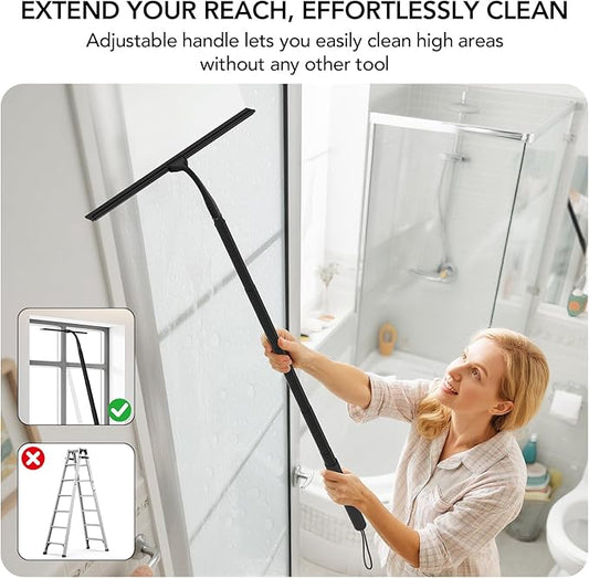Shower Squeegee with Long Handle, 15-51" Telescopic Squeegee for Window Cleaning, Window Squeegee for Glass Doors, Extendable Window Cleaner Tool for Tile Walls, Sliding Door, Floor, Car Windshield-BK