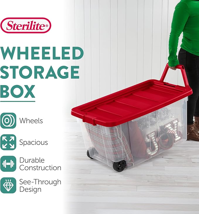 Sterilite 4 Pack Wheeled Storage Box, Large Clear Plastic Container, Durable Home Organizer with Red Lid and Rotating Handle, 160 Quart