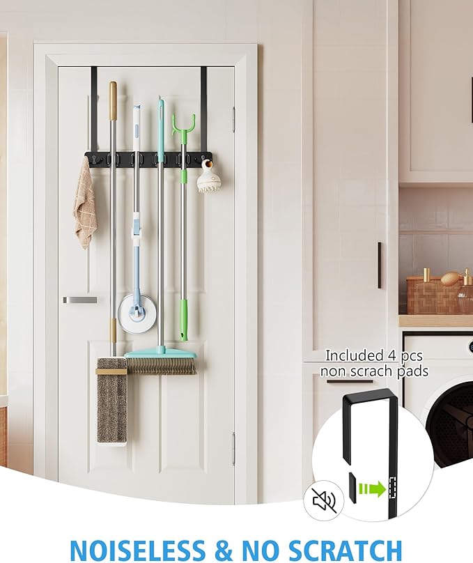 Over the Door Broom Holder, Mop and Broom Holder Door Mount, Hanging Organizer with 4 Racks & 2 Hooks, Wooden Hanger Storage Decor, Laundry Tool Organizer for Closet Garage, No Drills