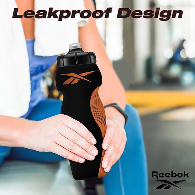 Reebok Squeeze Water Bottles With Athletic Design - Water Bottle 24 oz - Sports Water Bottle - Reusable Water Bottle For Gym, Running, Hiking etc, BPA Free (Black)