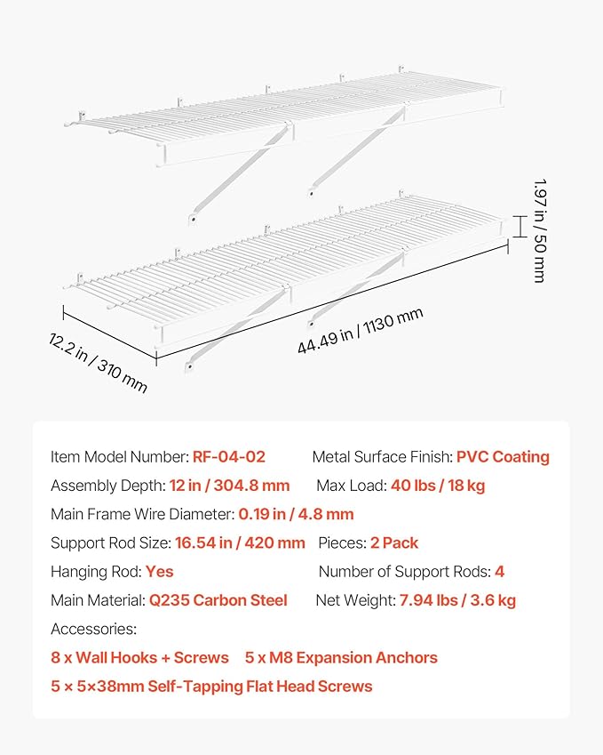 VEVOR Wire Shelf Kit, 4 ft, Set of 2, Wall Mounted Wire Shelves, Heavy-Duty Carbon Steel Hanging Shelf, Floating Wall Storage Shelves with Dip Coating, for Closet, Bedroom, Living Room, Office, Pantry