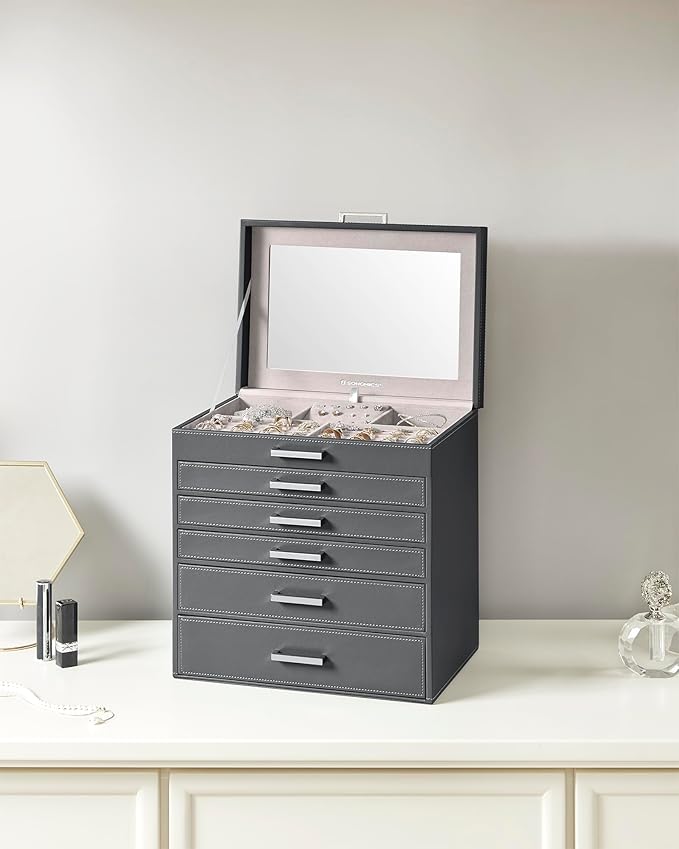 SONGMICS Jewelry Box, 6-Tier Jewelry Organizer, Large Jewelry Case with Big Mirror, 5 Drawers, Large Capacity, Jewelry Storage, Modern Style, Gift for Loved Ones, Gray UJBC138G01