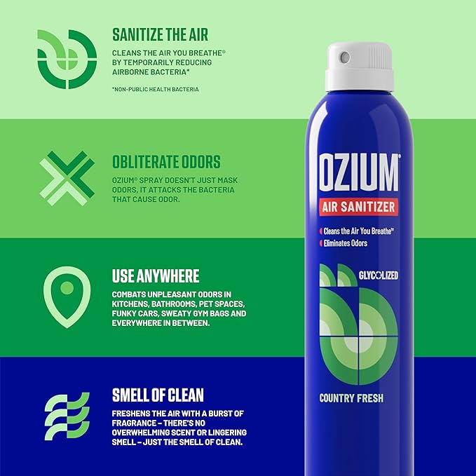 Ozium Air Sanitizer Spray - Room Odor Eliminator for Home, Car, and Office - Country Fresh Air Cleaner - 8 oz Can - 2 Pack