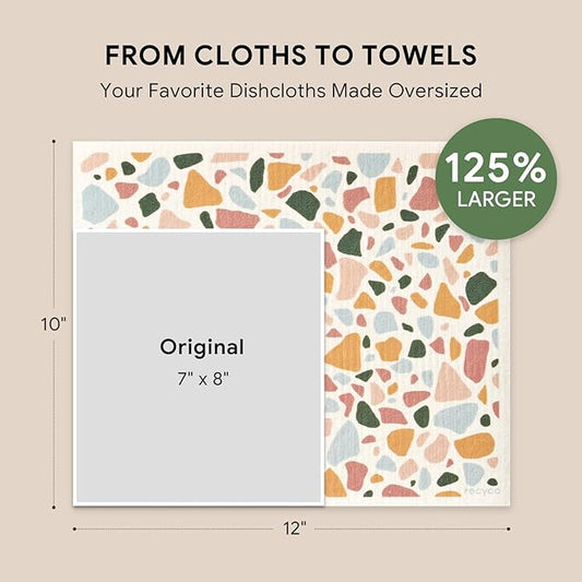 RECYCO Swedish Dishcloths for Kitchen | 4 Pack Oversized Washable Dish Rags | Large Cellulose Reusable Cleaning Paper Towels | Absorbent Counter Dish Cloth Sponge XL Kitchen Wipes, 12" L x 10" W