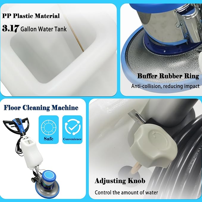 1100W Floor Buffer Polisher Machine φ17" Single Pad 175RPM with 3.17 Gal Tank, 39.37ft Power Cord 110V