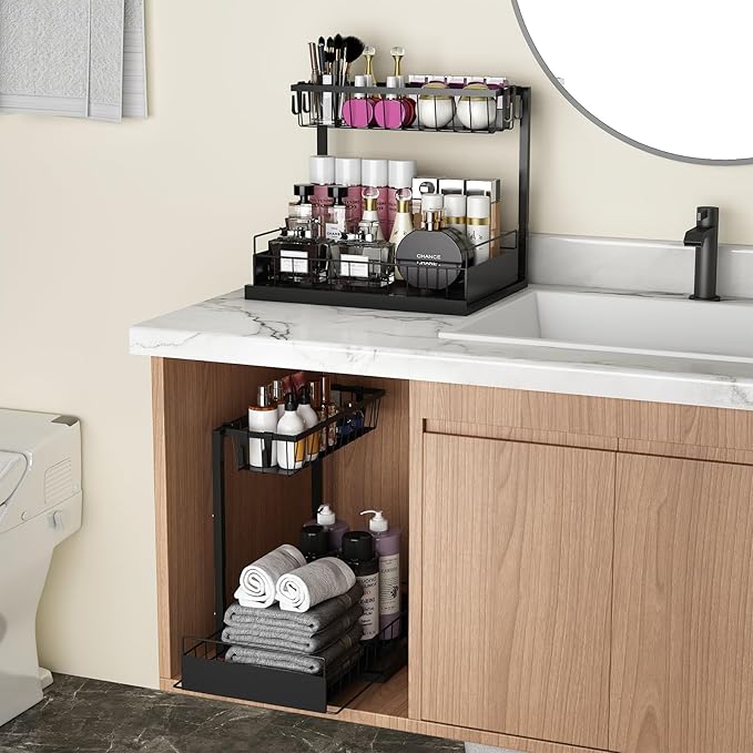 REALINN Under Sink Organizer, 2 Pack Height Adjustable Kitchen Organizers and Storage, 2 Tier Pull Out Sliding Cabinet Storage, Multi-Use for Kitchen Bathroom Cabinet