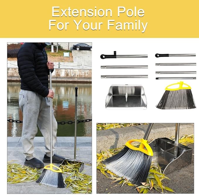 Broom and Dustpan Set, Outdoor Heavy Duty Broom with Stainless Steel Dustpan,Stiff Bristles Broom and Metal Dust Pan for Home