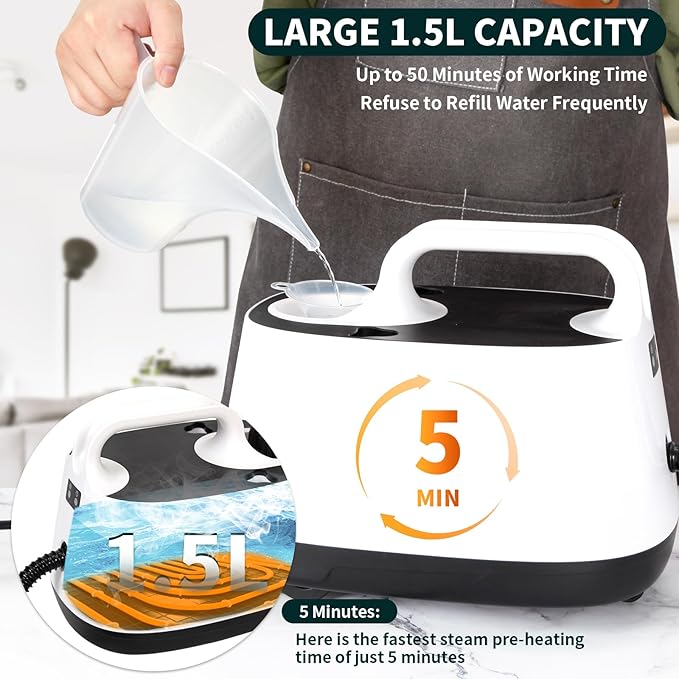 Steam Cleaner,Multipurpose Neat Canister Steamer with 21 Accessories, 5 Mins Heating with 1.5L Tank,Rolling Cleaning Machine for Carpet, Floors,Windows,Mirrors,Glass and Cars (White)