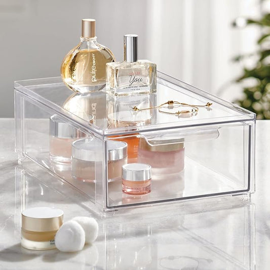 mDesign Plastic Stackable Bathroom Storage Organizer Bin Containers with Front Pull Drawer for Bathroom Countertop, Vanity, Closet Shelves - Holder for Beauty Accessories - Lumiere Collection - Clear