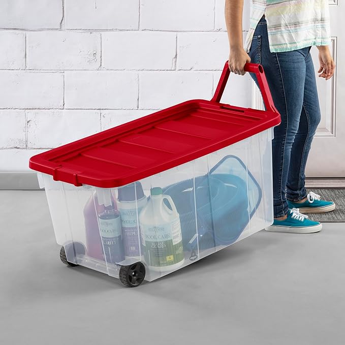Sterilite 4 Pack Wheeled Storage Box, Large Clear Plastic Container, Durable Home Organizer with Red Lid and Rotating Handle, 160 Quart