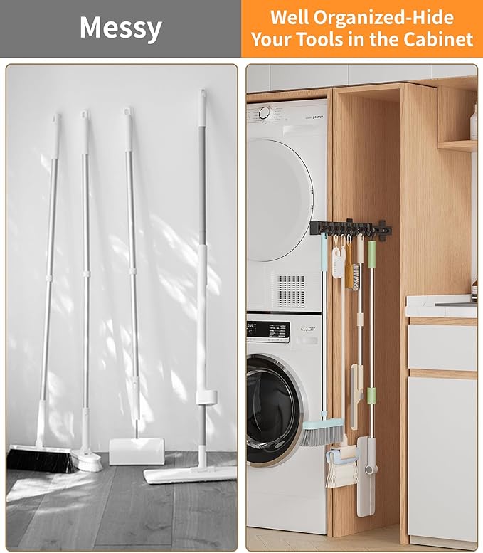 Pull Out Broom Holder With 9 Adjustable Sliding Hook, Multifunctional Slide Broom And Mop Storage/Organizer Garage Organization Hooks, for Closet Laundry - 16.14inch/41cm