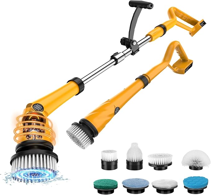 1500 RPM Electric Spin Scrubber for DeWalt 20V Battery, Power Shower Scrubber for Bathroom/Floor/Bathtub/Toilet/Tile,Electric Cleaning Brush with Long Handle & 8 Replaceable Brush (Yellow)