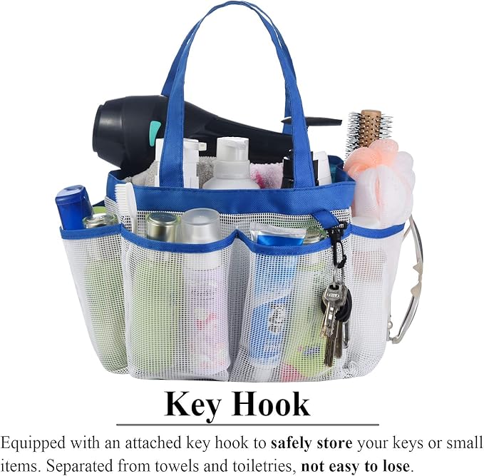 Haundry Mesh Shower Caddy Tote, Large College Dorm Bathroom Caddy Organizer with Key Hook and 2 Oxford Handles, 8 Basket Pockets for Camp Gym