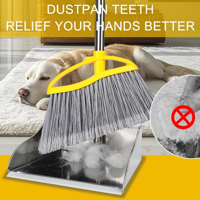 Stainless Steel Dustpan with Outdoor Stiff Bristles Broom,Long Handle Metal Dust Pan and Heavy Duty Broom for Home,Lobby,Office