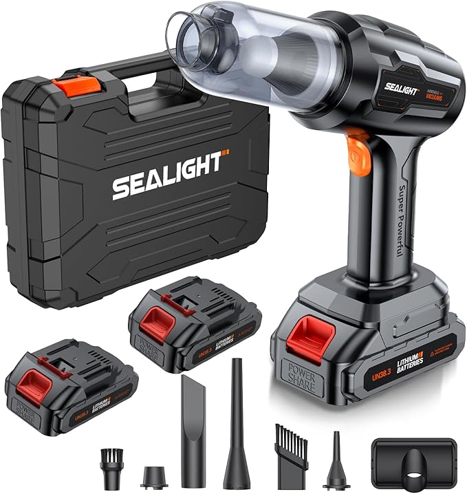 SEALIGHT Car Vacuum Portable Cordless, 21000pa High Power Handheld Car Vacuum, Two Batteries Long Endurance, 18v/120w Portable Vacuum Cleaner for Car & Home