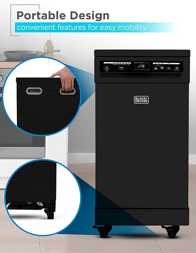 BLACK+DECKER 18-Inch Portable Dishwasher, 8-Place Setting Capacity, Mobile Dish Washer with 6 Wash Programs, LED Display, Stainless Steel Tub, ENERGY STAR Certified, BPD8B, Black