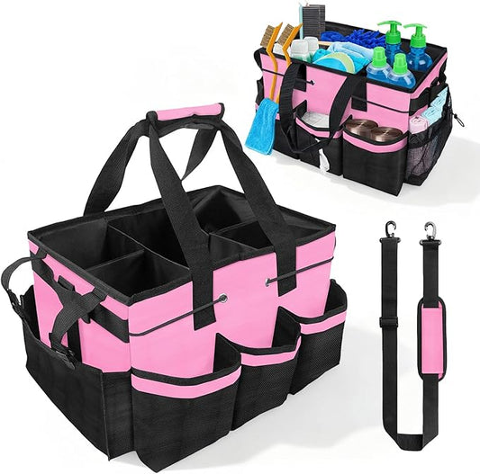 Cleaning Caddy Bag Heavy-Duty Organizer Tote for Housekeepers, Janitors & Home Cleaning Supplies with Adjustable Shoulder Strap & Multiple Pockets (Pink)