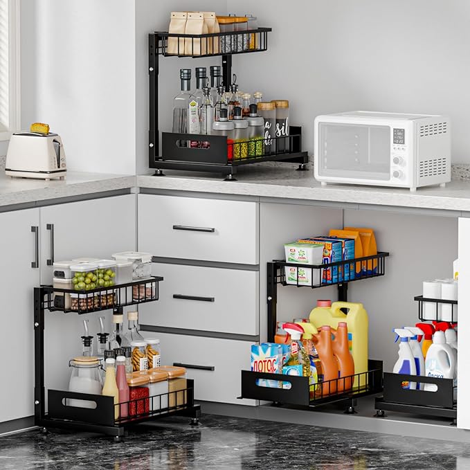 2 Pack Pro Under Sink Organizer Storage: Premium Metal 2-Tier Pull-Out Wire Basket Organizer, L Shape Height Adjustable, Easy Installation | Kitchen & Bathroom Cabinet Organizers