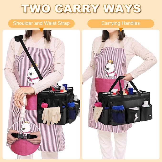 Large Cleaning Caddy For Cleaning Supplies,Cleaning Bag With Waist Belt & Shoulder Straps, Detachable Divider,Cleaning Supply Caddy For Housekeepers & Cleaners