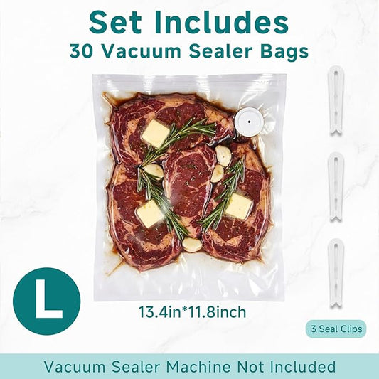 Reusable Vacuum Sealer Bags for Food – 30 BPA-Free Large (11.8 x 13.4in) Food Storage Bags, Freezer Microwave Safe, Odor-Resistant, Leak-Proof – Compatible with Handheld Vacuum Sealers