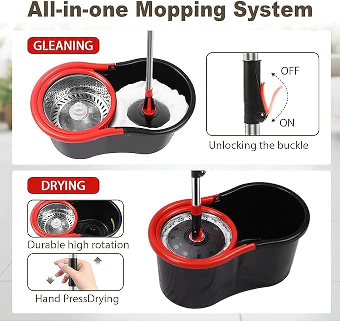 PULNDA Spin Mop and Bucket with Wringer Set, 360° Spinning Mop Bucket System with 1 Microfiber Mop Replacement Heads and 50" Stainless Steel Adjustable Handle for Floor Cleaning (15QT)