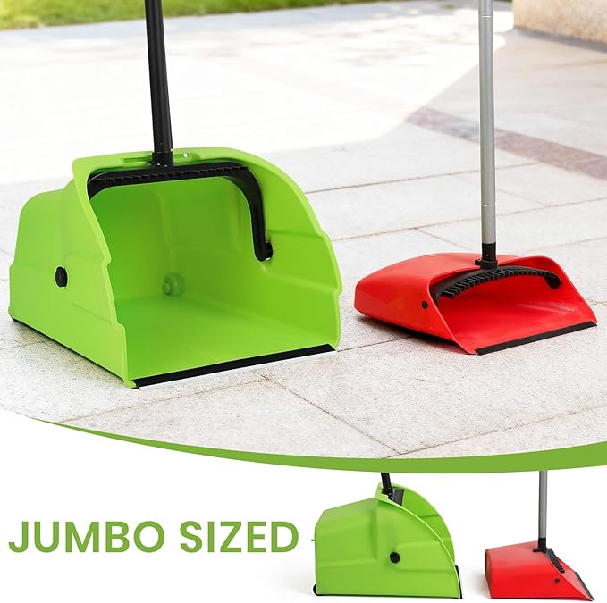 (3PK) Jumbo Commercial Broom and Dustpan Set with Large Standing Scoop Dustpan and Heavy Duty Broom, Long Handle, for Indoor/Outdoor Floor Cleaning, Janitor Supplies