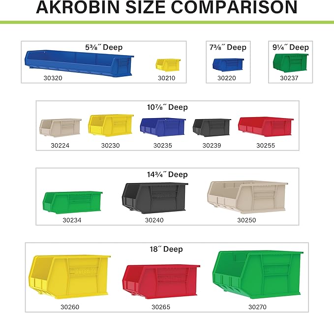 Akro-Mils 30260 AkroBins Plastic Storage Bins, Space-Saving Stackable Bins for Garage, Pantry, Craft Organization, 18" x 11" x 10", Black, 6-Pack