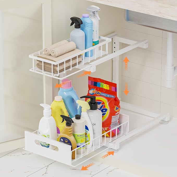 Under Sink Organizer, Heavy Duty Metal Pull Out Cabinet Organizer Slide Out Sink Shelf Organizer Height Adjustable, Multi-Purpose Storage Shelf for Kitchen Bathroom (White,1Pack)