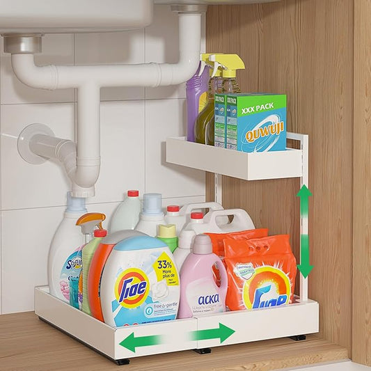 REALINN Expandable Under Sink Organizers and Storage, 2 Tier Under Cabinet Organizer, Heights Adjustable Pull Out Rack for Kitchen Bathroom Laundry, White, 1 Pack
