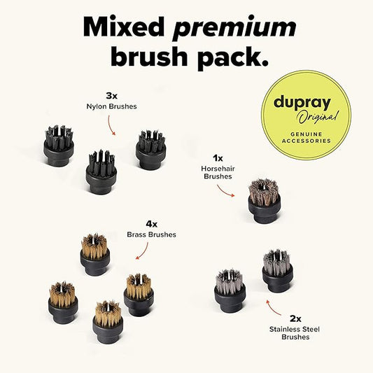 Dupray Small Brushes – Brass, Horsehair, Nylon & Stainless Steel Accessory Parts for Steam Cleaner – Brush Head for Cleaning Grout, Tile, Oven, Car, BBQ, Kitchen and Bathroom (10) (Assorted Brushes)