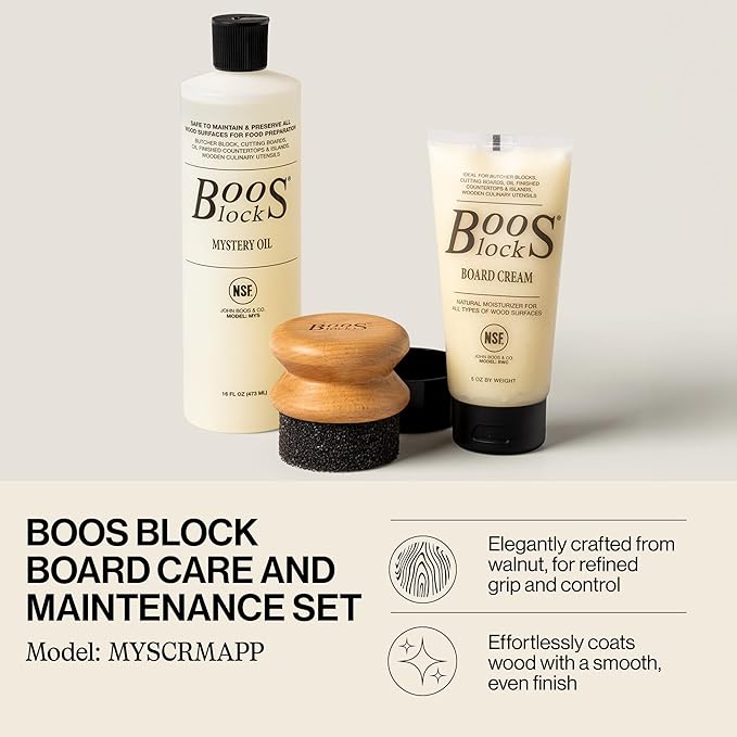 John Boos 3-Piece Care Set, 16 oz Mystery Oil, 5 oz Board Cream & Round Applicator - All-Natural Maintenance Formula for Butcher Blocks, Cutting Boards, Wooden Countertops & Wood Utensils