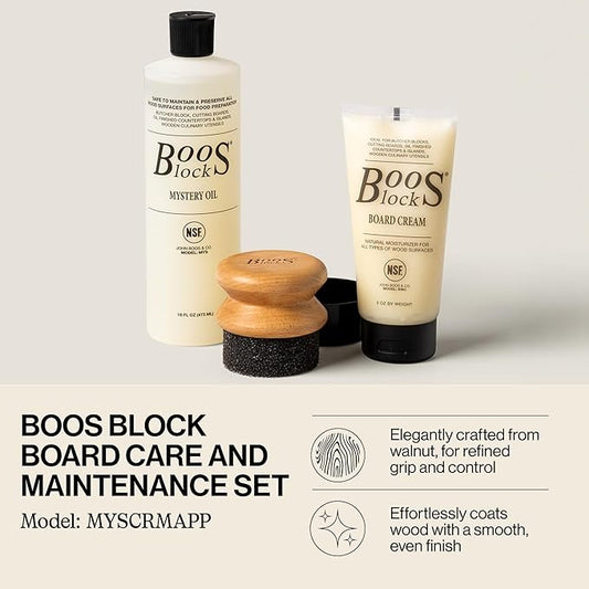John Boos 3-Piece Care Set, 16 oz Mystery Oil, 5 oz Board Cream & Round Applicator - All-Natural Maintenance Formula for Butcher Blocks, Cutting Boards, Wooden Countertops & Wood Utensils