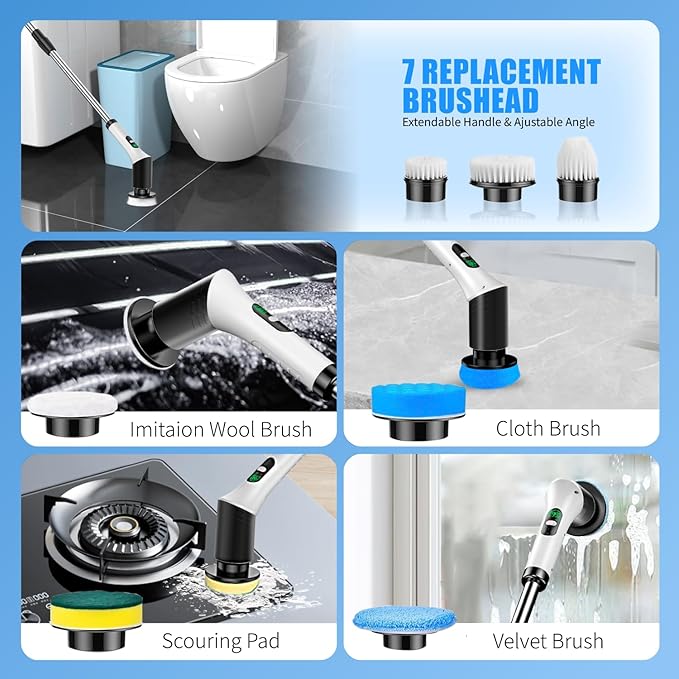 Electric Spin Scrubber, Cordless Power Cleaning Brush with 7 Replaceable Heads, Adjustable Long Handle, & LCD Display, IPX6 Waterproof Shower Scrubber for Bathroom, Tub, Tile, Floor & Car