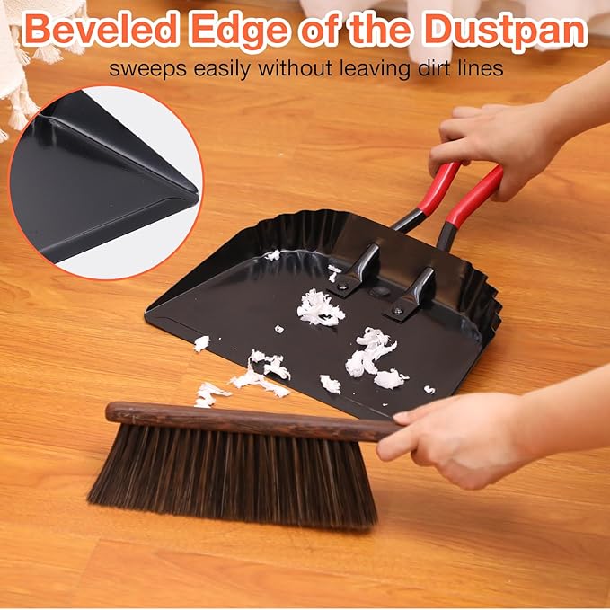 Uiifan 4 Pcs Industrial Metal Dustpans 12" Heavy Duty Dust Pan with Handle Commercial Dustpan Wide Scooper Dust and Debris Sweeping Tool Precision Edge Rubber Grip Loop Handle (Black)