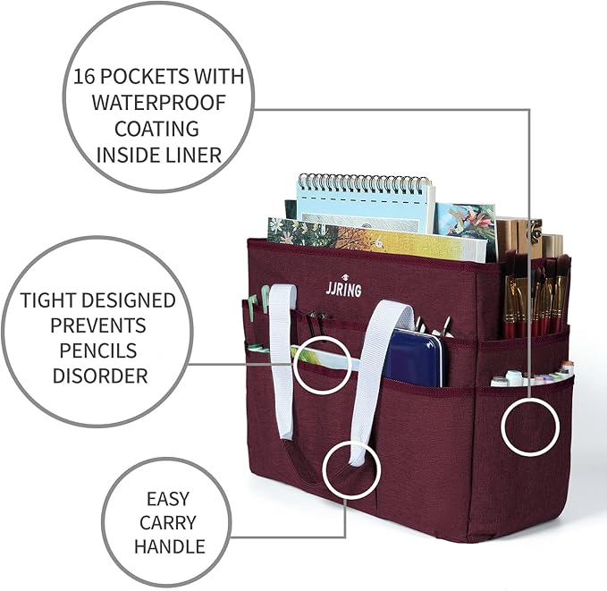 JJRING Craft Organizer Tote Bag, Large Art Storage Caddy with Multiple Pockets, Dark Red Sewing Bag for Art, Craft, Scrapbooking, Medical, and Office Supplies Storage