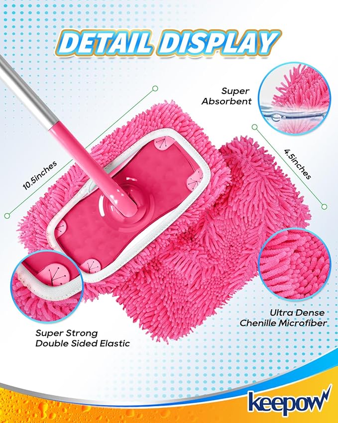 KEEPOW Pink Reusable Dry Sweeping Cloths Microfiber Wet Mop Pads Compatible with Swiffer Sweeper Mop Replacement Sweeping Mopping pad Refills for Hardwood Surface Floor Cleaning (4PCS)