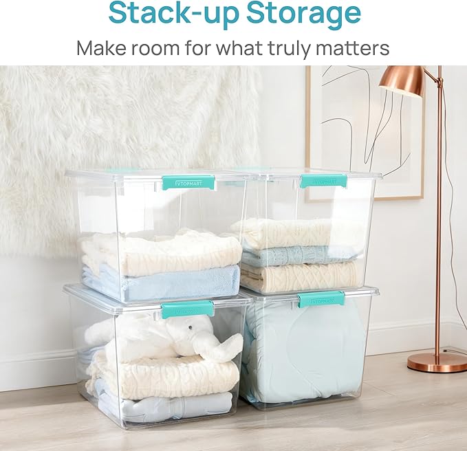 Vtopmart 4 Pack 72 QT Crystal Clear Storage Bins with Lids, 4 Pack Stackable Plastic Large Latching Boxes Totes Tubs Container for Closet Organizers and Storage, Bedroom, Clothes, Bedding