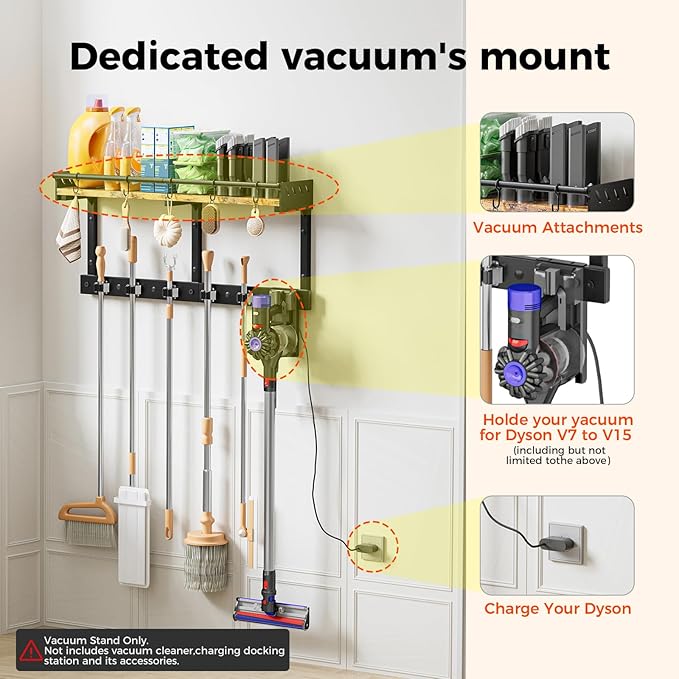 Broom Holder Wall Mount with Shelf, Broom Hanger with Vacuum Organizer and Hooks, Broom and Mop Organizer Wall Hanging for Laundry Room, Garage, Utility Closet, Kitchen（Large）