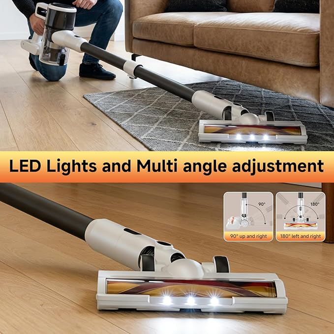 Cordless Vacuum Cleaner for Home - Lightweight, Stick Vacuum Clean with Rechargeable Battery, Max 45Mins Runtime, 8 in 1 Handheld Vacuum for Hardfloor & Carpets Pet Hair, White&Yellow